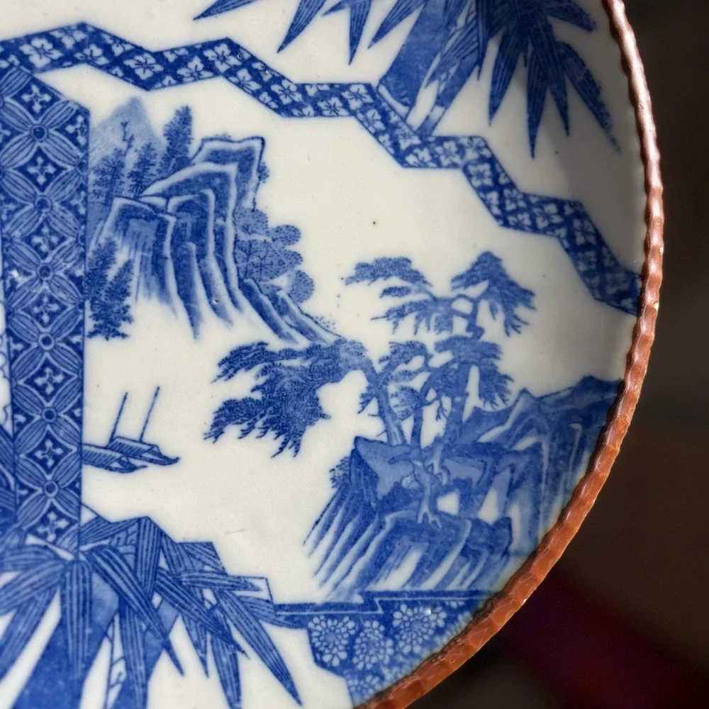 Antique Japanese Blue and White Igezara Porcelain Plate, Screen & Bamboo Design